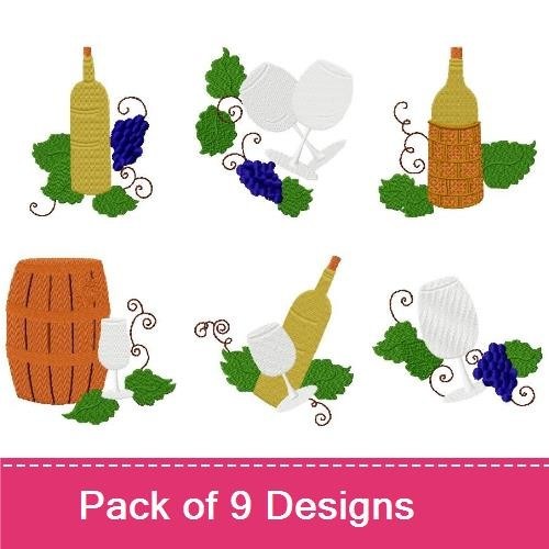 Wine and Grapes Embroidery Designs Bundle – Wine Bottle, Grapes Cluster, Wooden Barrel & More (9 Designs)