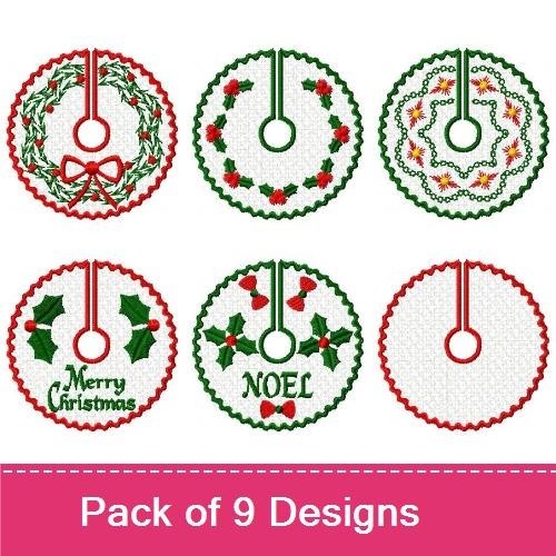Christmas Tree Skirts Embroidery Designs Bundle – Holly Wreath with Bow, Ornament Wreath, Holly with Merry Christmas & More (9 Designs)