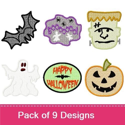 Spooky Halloween Embroidery Designs Bundle – Happy Halloween with Bats, Frankenstein Face, Jack-o'-Lantern & More (9 Designs)