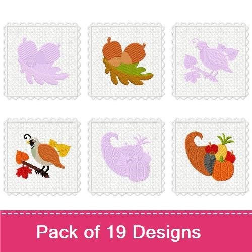 Autumn Harvest Embroidery Designs Bundle – Pumpkin, Bird, Acorns & More (19 Designs)