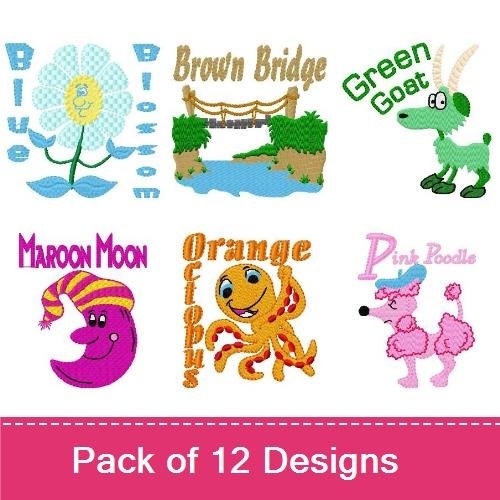 Blue Flower, Brown Bridge & Green Goat Embroidery Bundle – Fun Designs (12 Designs)
