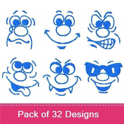 Funny Face Expressions Embroidery Designs Bundle – Smiling Face, Winking Face, Grinning Face & More (32 Designs)