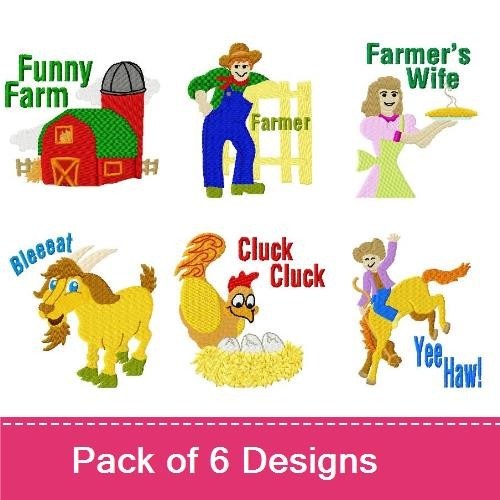Funny Farm Characters Embroidery Designs Bundle – Farmer, Farmer's Wife, Goat, Chicken & More (6 Designs)