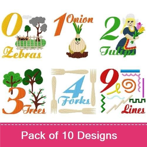 Whimsical Numbers Embroidery Designs Bundle – Onion, Zebras, Tulips & More (10 Designs)