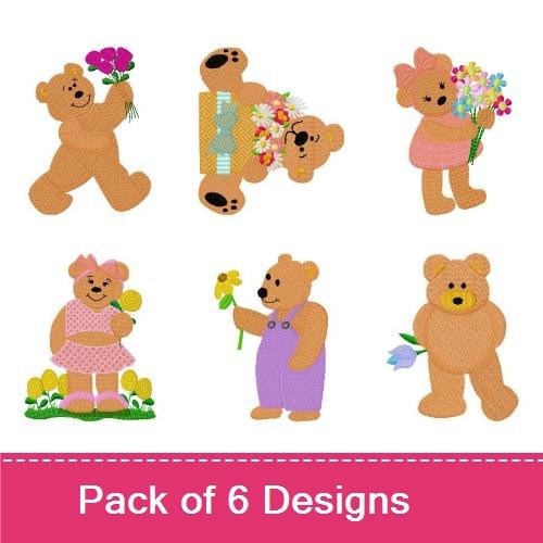 Teddy Bears with Flowers Embroidery Designs Bundle – Bear with Bouquet, Dress Bear, Flower Basket & More (6 Designs)