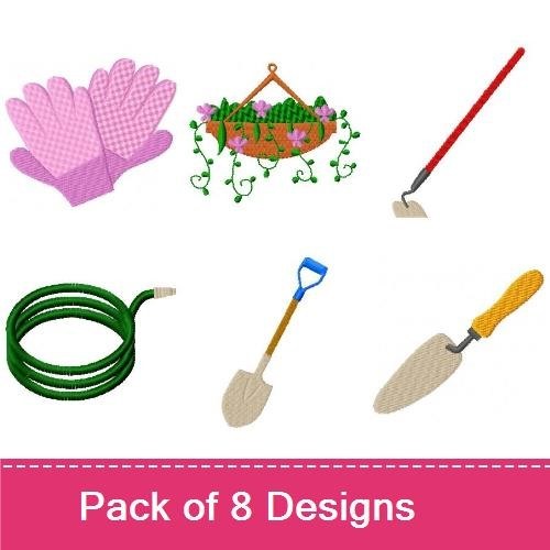 Gardening Tools & Plants Embroidery Designs Bundle – Flower in Pot, Gardening Gloves, Hanging Basket & More (8 Designs)