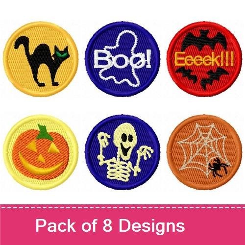 Halloween Themed Patches Embroidery Designs Bundle – Black Cat, Pumpkin, Skeleton & More (8 Designs)