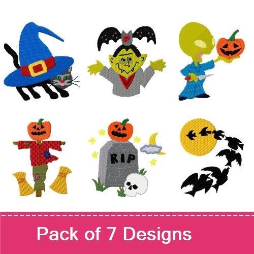 Halloween Characters Embroidery Designs Bundle – Black Cat with Witch Hat, Frankenstein, Alien with Pumpkin & More (7 Designs)