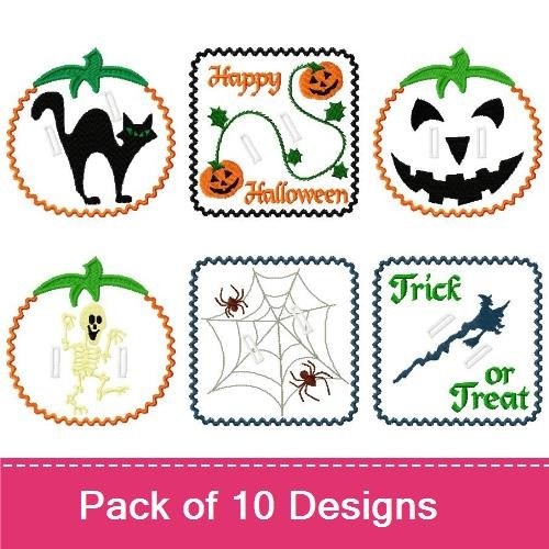 Halloween Themed Embroidery Designs Bundle – Black Cat, Ghost, Pumpkin Face & More (10 Designs)