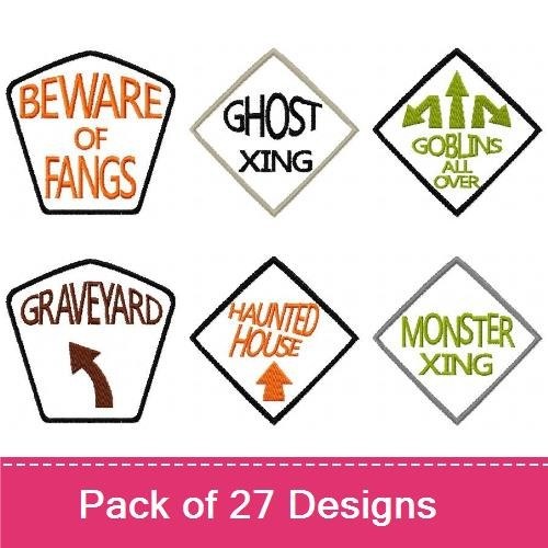 Spooky Warning Signs Embroidery Bundle – Beware of Fangs, Caution Killer on the Loose, Ghost X-ing & More (27 Designs)
