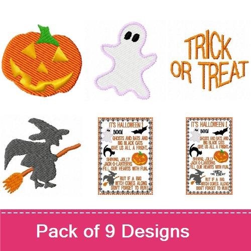 Halloween Embroidery Designs Bundle – Ghost, Bat, Cat Silhouette & More (9 Designs)