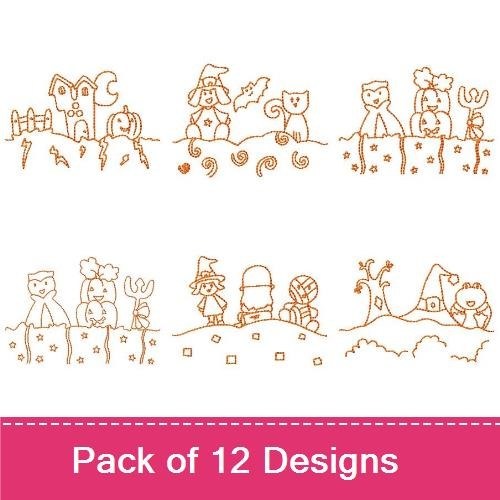 Redwork Cute Halloween Embroidery Designs Bundle – Haunted House, Ghost, Pumpkin & More (12 Designs)