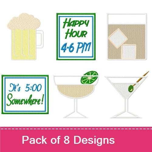 Cocktail Drinks Embroidery Bundle – Beer Mug, Martini, Cocktail with Lime & More (8 Designs)