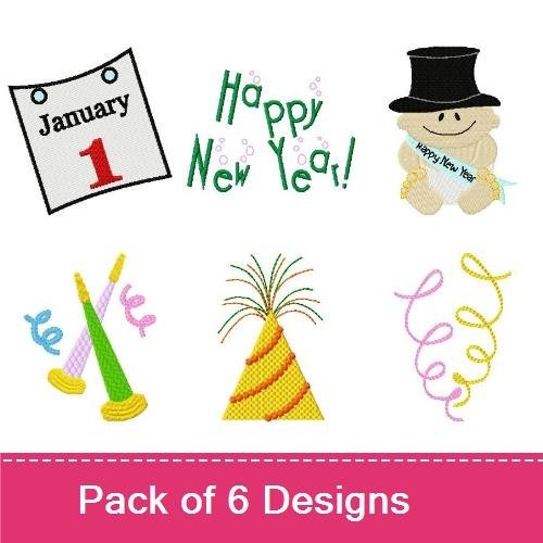 New Year Celebration Embroidery Designs Bundle – Happy New Year, Party Horn, Calendar with January 1 & More (6 Designs)
