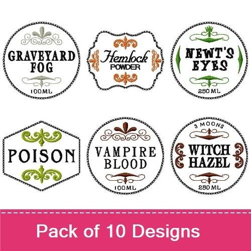 Spooky Potion Labels Embroidery Designs Bundle – Graveyard Fog, Bat Wings, Eyeballs & More (10 Designs)