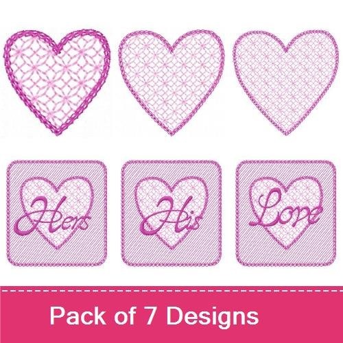 Rippled Heart Embroidery Bundle – Lace Heart, Heart with Grid Pattern, Hearts with 'Love' & More (7 Designs)