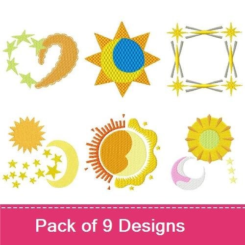 Celestial Sun & Moon Embroidery Designs Bundle – Sun with Blue Center, Crescent Moon, Ornate Sun & More (9 Designs)