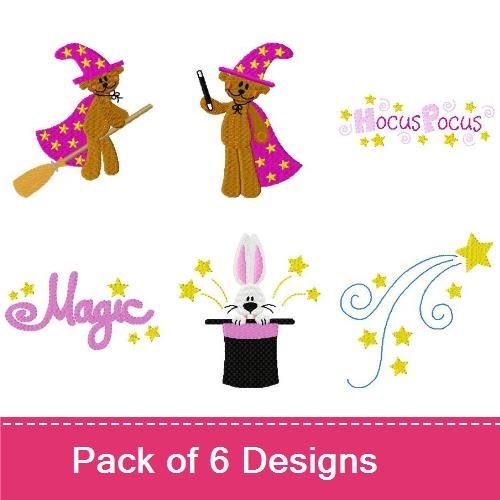 Halloween Fun Embroidery Designs Bundle – Wizard Bear, Hocus Pocus, Magic Hat & More (6 Designs)