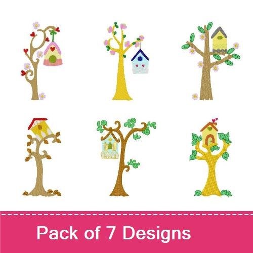 Birdhouses & Trees Embroidery Designs Bundle – Birdhouse with Hearts, Tree with Birdhouse, Home Tweet Home & More (7 Designs)