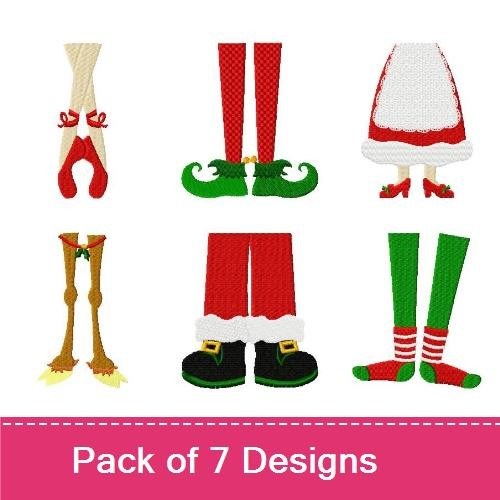 Festive Holiday Character Legs Embroidery Designs Bundle – Santa, Elf, Reindeer & More (7 Designs)