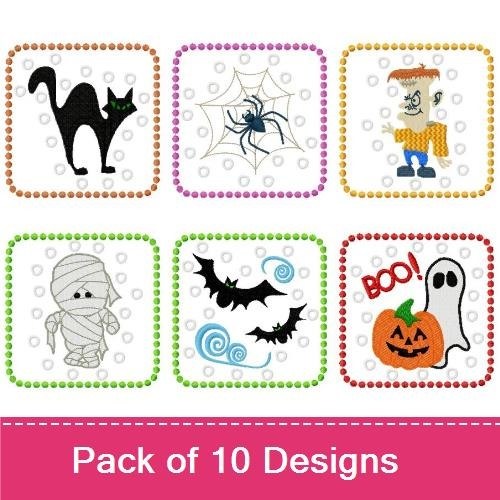 Halloween Characters Embroidery Designs Bundle – Witch on Broomstick, Jack-o'-Lantern, Scarecrow & More (10 Designs)