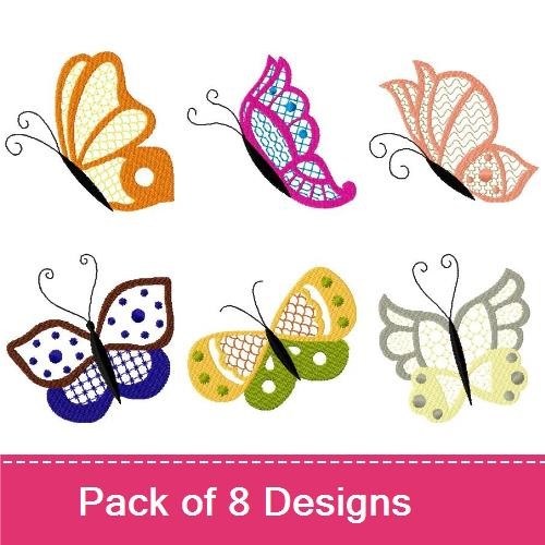 FSL Colorful Lace Butterflies Embroidery Bundle – Orange, Pink, Blue & More (8 Designs)