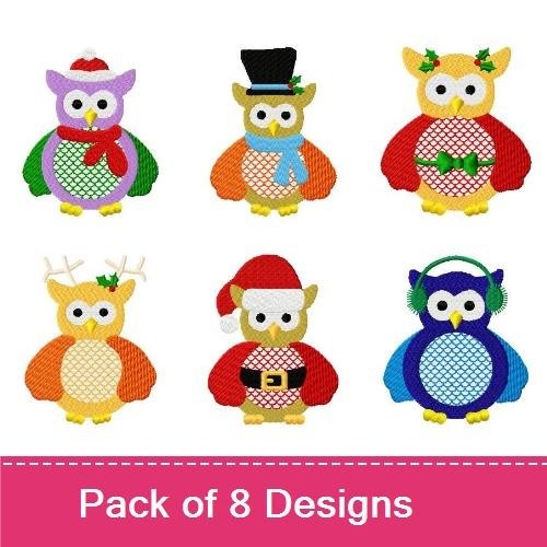 Christmas Owls Embroidery Designs Bundle – Purple Owl, Red Owl, Gold Owl & More (8 Designs)