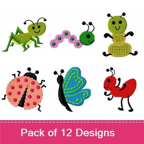 Cute Bugs Embroidery Designs Bundle – Grasshopper, Ladybug, Dragonfly & More (12 Designs)