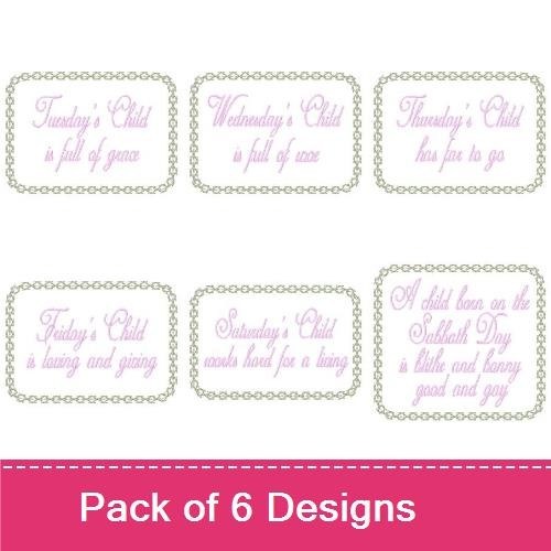 Days of the Week Child Traits Embroidery Designs Bundle – Monday's Child, Tuesday's Child, Wednesday's Child & More (6 Designs)