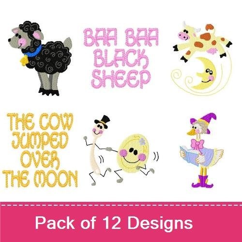 Nursery Rhymes Embroidery Designs Bundle – Baa Baa Black Sheep, The Cow Jumped Over the Moon & More (12 Designs)