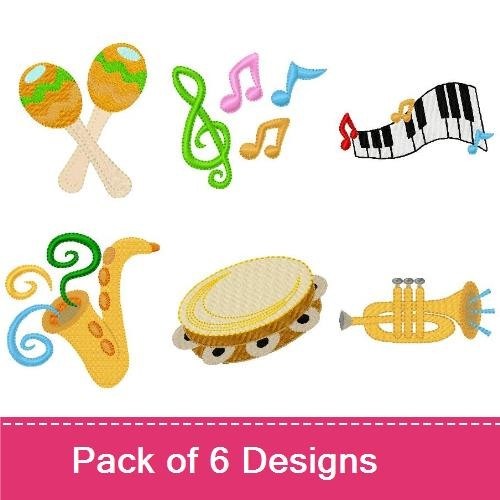 Musical Instruments Embroidery Designs Bundle – Piano Keys, Saxophone, Trumpet & More (6 Designs)