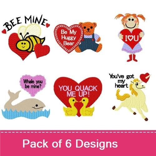 Valentine's Day Embroidery Designs Bundle – Bee Mine, Be My Huggy Bear, I Love You & More (6 Designs)