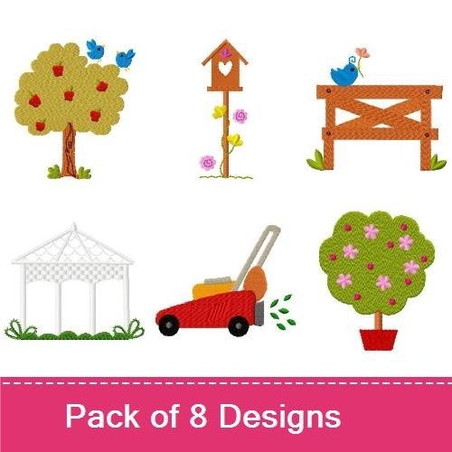Gardening Embroidery Designs Bundle – Apple Tree with Birds, Birdhouse, Garden Bench & More (8 Designs)