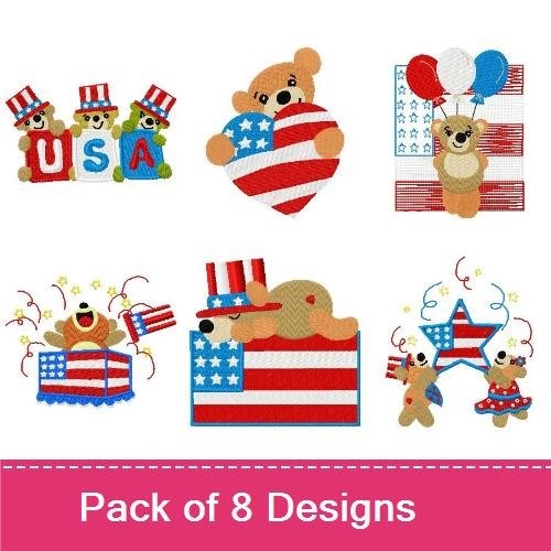 Patriotic Bears Embroidery Bundle – USA Bears, Bear with Heart, Bear with Flag & More (8 Designs)