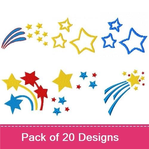 Celestial Themes Embroidery Designs Bundle – Shooting Star, Comet with Tail, Star Burst & More (20 Designs)