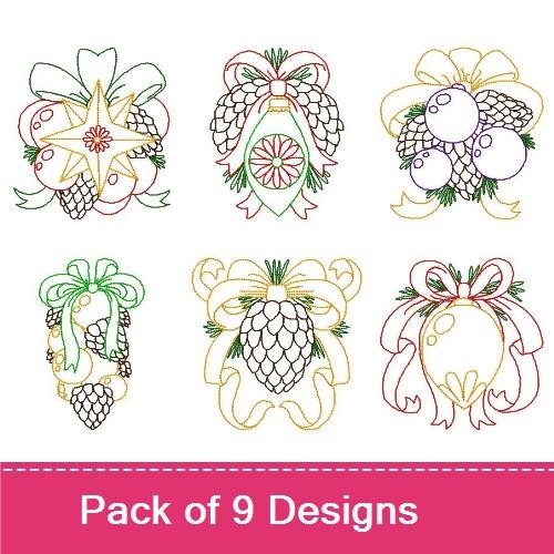 Redwork Holiday Ornaments Embroidery Designs Bundle – Pinecone, Star, Grapes & More (9 Designs)