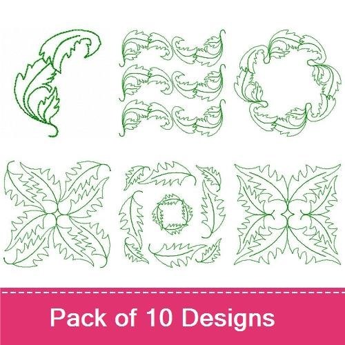 Redwork Elegant Leaf Motifs Embroidery Designs Bundle – Curly Leaf Motif, Swirling Leaf, Detailed Leaf & More (10 Designs)