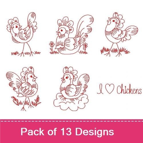 Redwork Charming Chicken Embroidery Designs Bundle – Chicken Family, Hen with Grass, Rooster with Flowers & More (13 Designs)