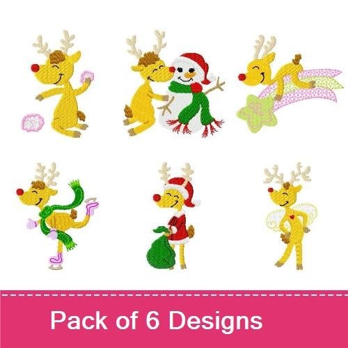 Cheerful Reindeer Holiday Embroidery Designs Bundle – Reindeer with Snowman, Reindeer with Gift Bag, & More (6 Designs)