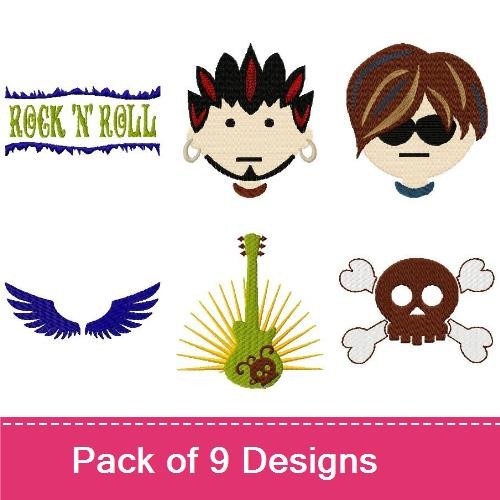 Rock Music Embroidery Designs Bundle – Electric Guitar, Rock 'n' Roll Text, Headphones & More (9 Designs)