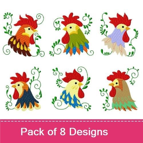 Colorful Roosters Embroidery Designs Bundle – Rooster with Green Swirls, Red Rooster with Yellow Beak, & More (8 Designs)
