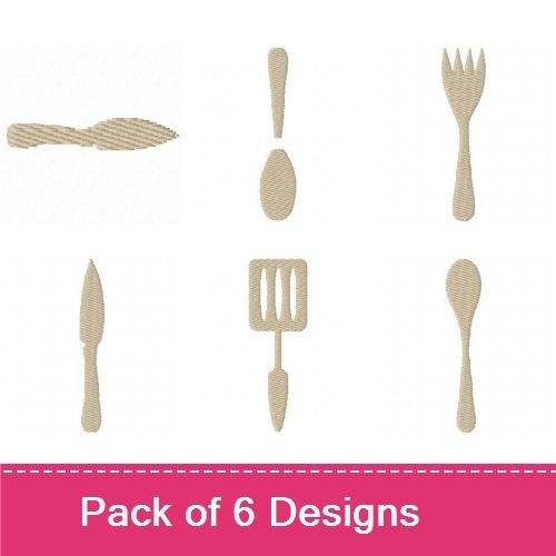 Kitchen Utensils Embroidery Bundle – Wooden Spatula, Whisk, Fork, Knife & More (6 Designs)