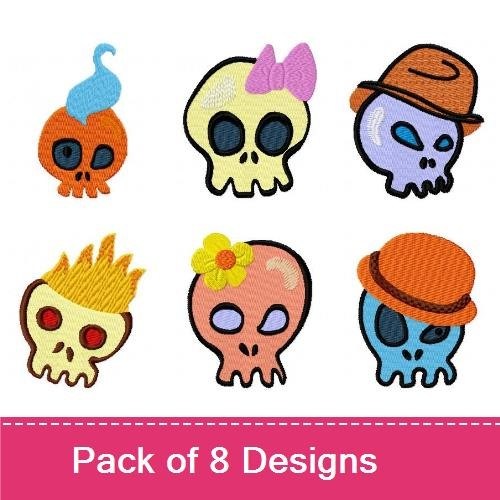Cute Skull Characters Embroidery Designs Bundle – Skull with Pink Bow, Skull with Blue Swirl, Skull with Orange Hat & More (8 Designs)