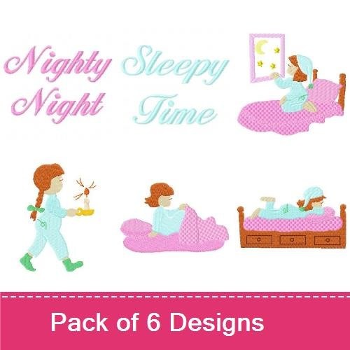 Bedtime Themes Embroidery Bundle – Girl Looking at Moon, Sleepy Time Text, Girl Walking to Bed & More (6 Designs)