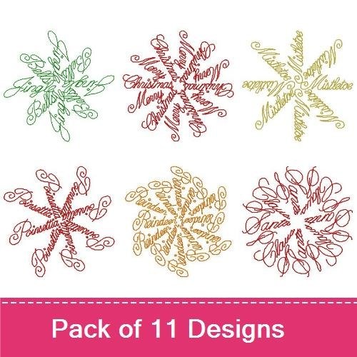 Redwork Holiday Snowflakes Embroidery Designs Bundle – Merry Christmas Snowflake, Joyful Snowflake, & More (11 Designs)