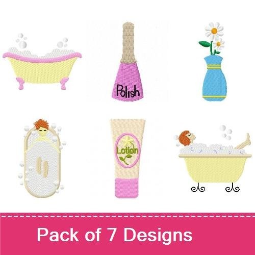 Spa Essentials Embroidery Designs Bundle – Woman in Bathtub, Candle, Nail Polish & More (7 Designs)