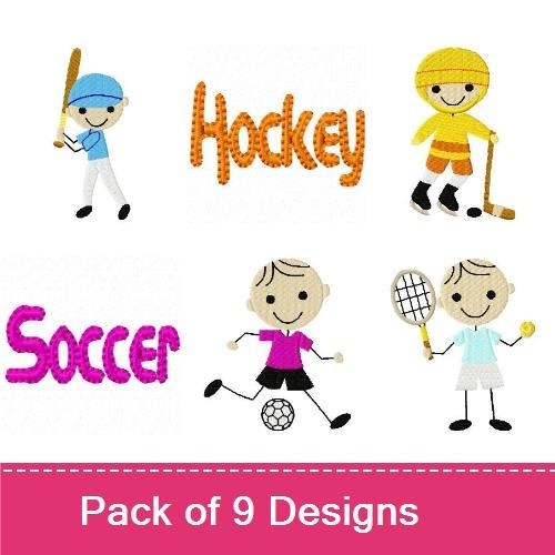 Kids Sports Embroidery Designs Bundle – Baseball Boy, Basketball Boy, Soccer Boy & More (9 Designs)