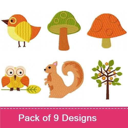Autumn Woodland Animals Embroidery Designs Bundle – Tree with Leaves, Bird, Hedgehog & More (9 Designs)