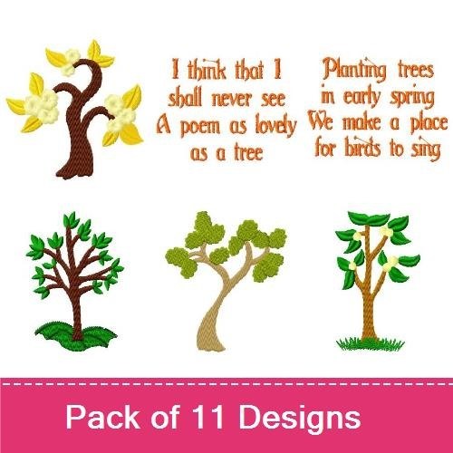 Spring Trees and Quotes Embroidery Designs Bundle – Green Tree with Leaves, Poem as Lovely as a Tree, Tree with Birds & More (11 Designs)
