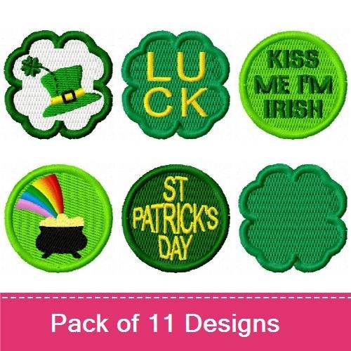 St. Patrick's Day Charms Embroidery Designs Bundle – Four Leaf Clover, Shamrock, Leprechaun Hat & More (11 Designs)